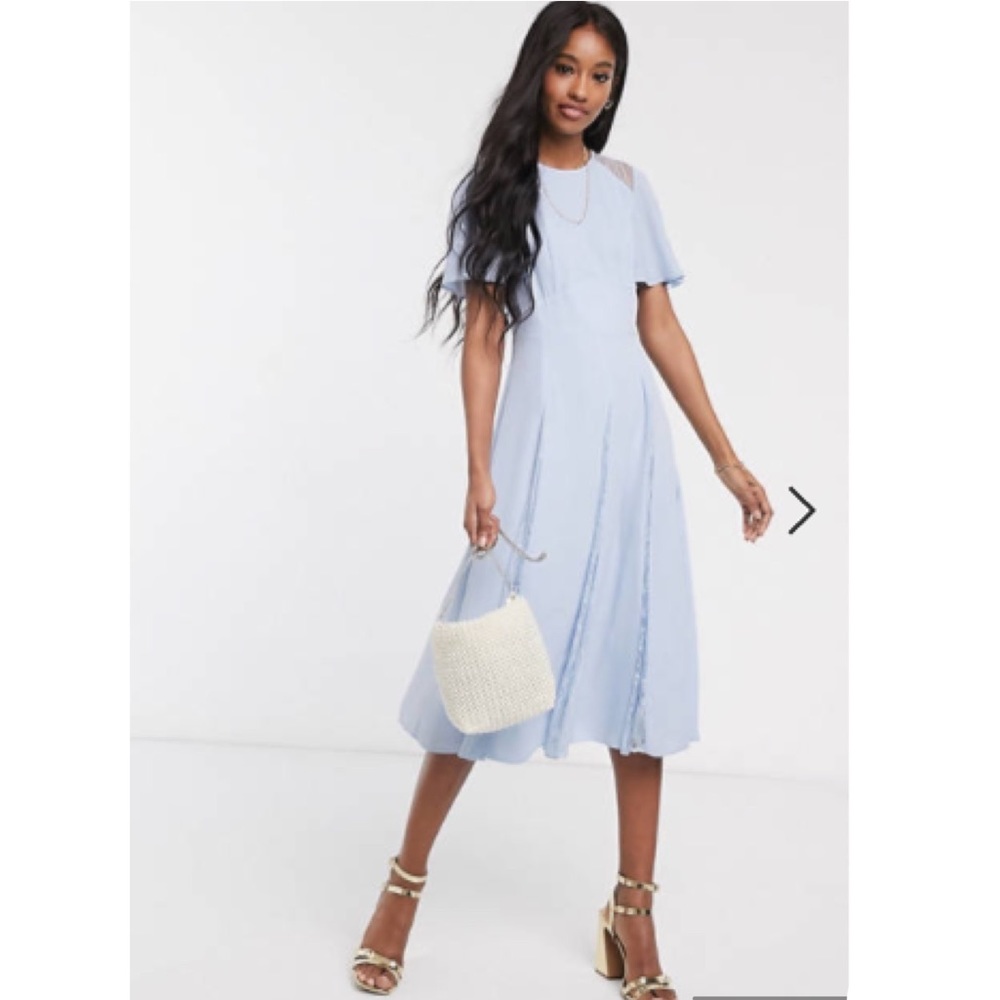 ASOS midi dress with flutter sleeves and lace skirt panels light blue